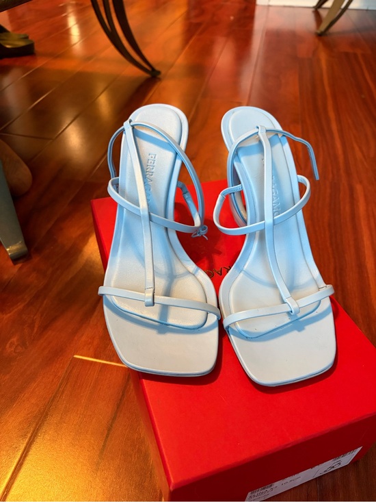 Salvatore Ferragamo Shoes - Salvatore Ferragamo Pastel Blue Strappy Square-Toe Heeled Sandals